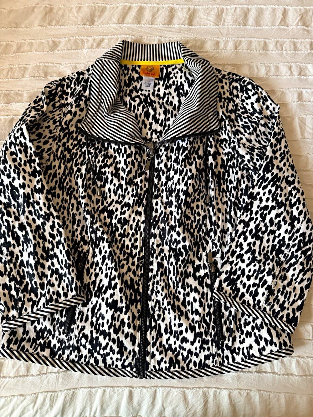 Ruby Rd. Women's Black White Leopard Animal Print Full Zip Jacket Pockets 12